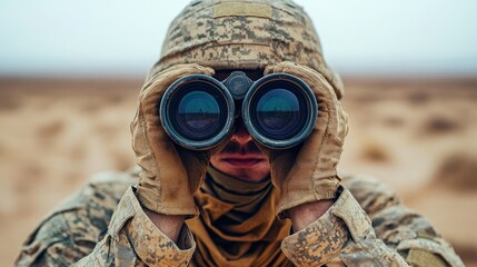Soldier using binoculars in desert terrain for surveillance