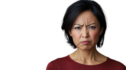 Skeptical asian woman frowning with transparent background