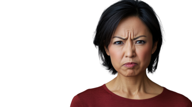 Skeptical asian woman frowning with transparent background - Powered by Adobe