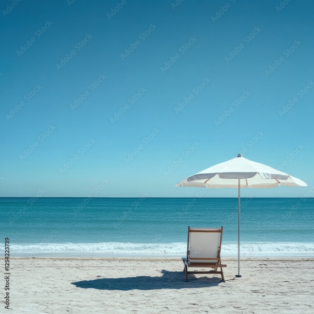 Aufkleber relaxing beach getaway featuring a lounge chair and umbrella under a clear blue sky with gentle ocea
