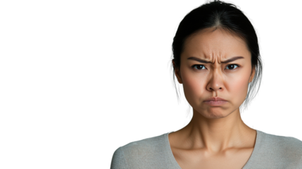 Young asian woman frowning with transparent background