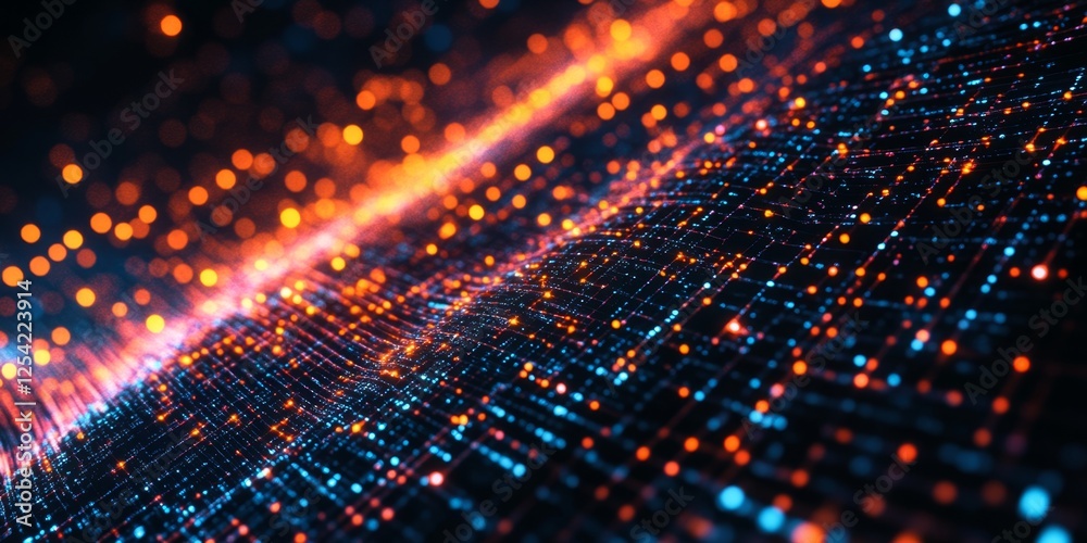 Poster digital data flow, glowing particles, dark background, tech concept