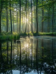 Forest Reflection: Sunbeams pierce through the tranquil woods, casting a golden glow on the mirrored surface of a serene pond, blurring the lines between reality and reflection.