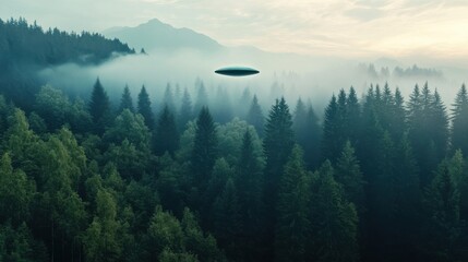 Mysterious UFO hovers over a dense forest in the early morning