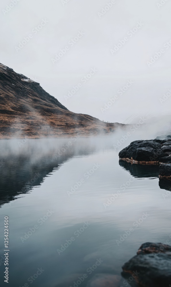 Poster serene hot spring with steam rising above rocky edges set in a tranquil landscape during a cloudy da