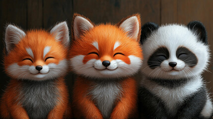 Obraz premium Set of cute animal stickers: smiling fox, sleepy panda, playful cat, pastel colors, outlined for easy cutting