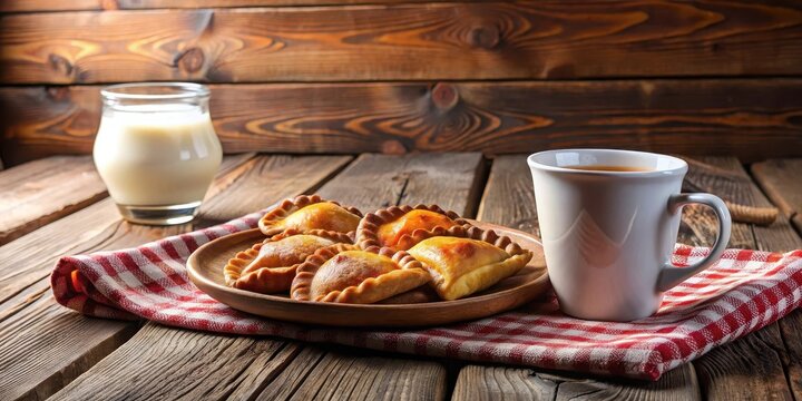 Traditional Karelian pasties with a cup of milk on a wooden table in a cozy Finnish cabin, milk