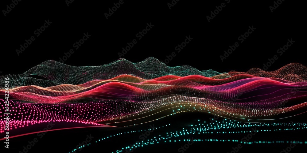 Poster abstract colorful data wavescape, digital landscape, dark background, tech presentation