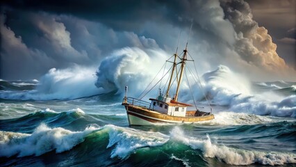 A sturdy boat is tossed by massive waves and battered by strong winds in a turbulent sea, its mast creaking under the force of the storm , rugged ocean, boat at sea
