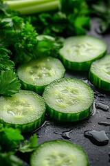 Freshly Sliced Cucumber Discs and Parsley on Dark Background: A Close-Up View of Healthy, Raw Vegetables for Salads or Refreshing Snack Preparations
