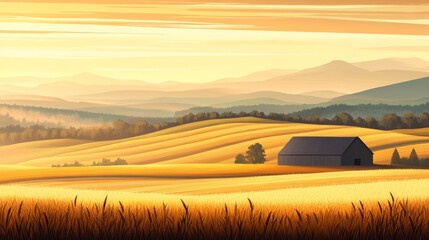 Obraz premium Golden Field With Barn At Sunset