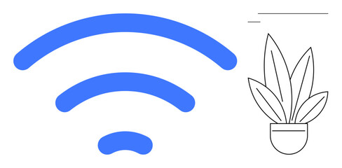 Large blue wireless signal icon next to minimalist line art of a potted plant. Ideal for technology, connectivity, internet, communication, eco-friendly concepts, home decor, digital lifestyle