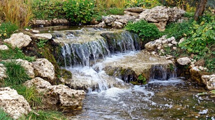 Small waterfall cascading over rocks in garden