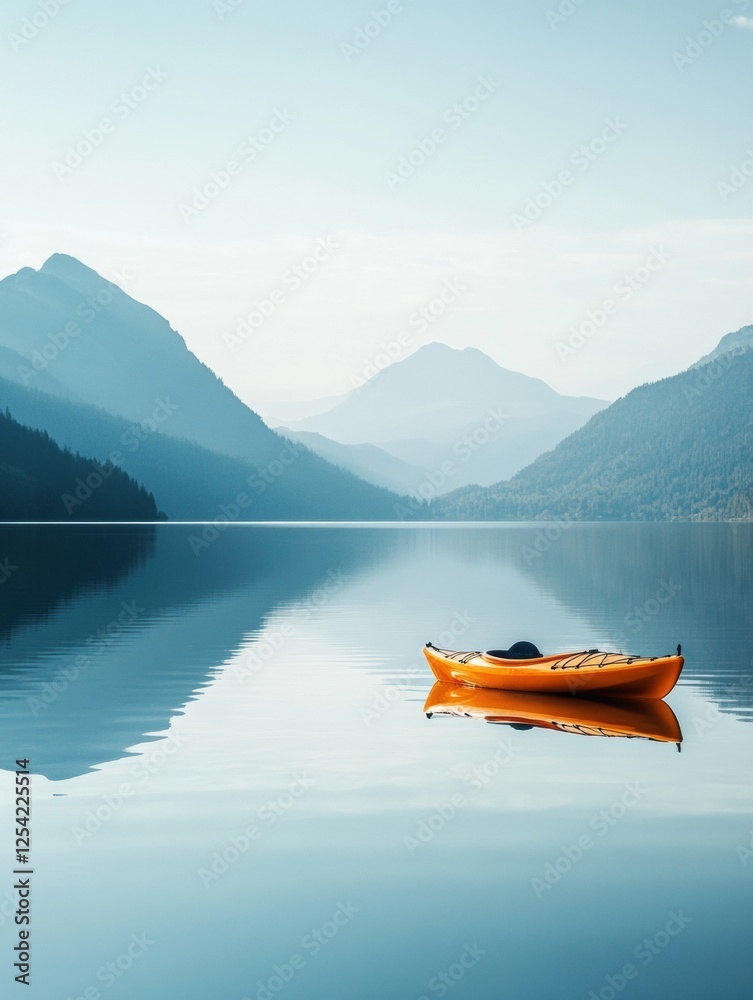 Poster lone kayak floating on a calm mountain lake surrounded by breathtaking peaks. generative ai