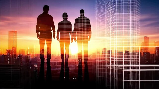 Silhouettes of three people against a vibrant sunset, with a city skyline and digital elements in the background.