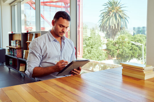 Concentrated entrepreneur working on digital tablet with stylus pen in bright office with books and city view