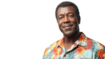 Smiling senior man wearing hawaiian shirt on transparent background