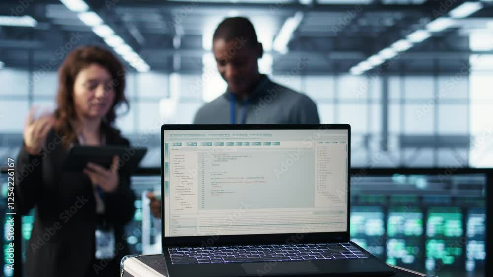 Poster lines of code on laptop display used by teamworking data center colleagues to run security patches. 