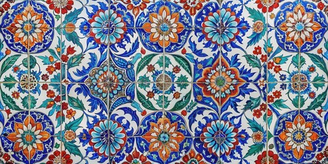 Vibrant colorful traditional Turkish ceramic tile design on wall , interior design, wall art,  interior design, wall art