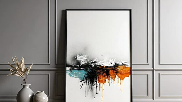 black framed vertical artwork resting on a wooden floor leaning on a grey plaster wall
