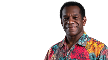 Smiling senior man wearing colorful shirt on transparent background
