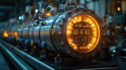 Fototapeta premium Industrial machinery with illuminated gauges, suggesting a high-tech environment.