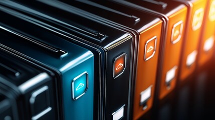 Organized row of office binders in close-up, modern colors with visible labels, clean digital style, perfect for professional document themes