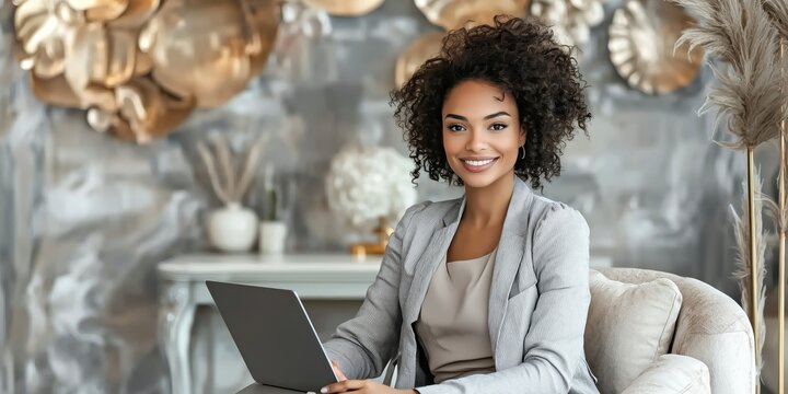 Professional woman working on laptop in modern office space with stylish decor