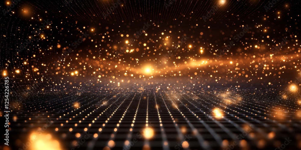 Poster golden particles falling on grid; cosmic background, event backdrop