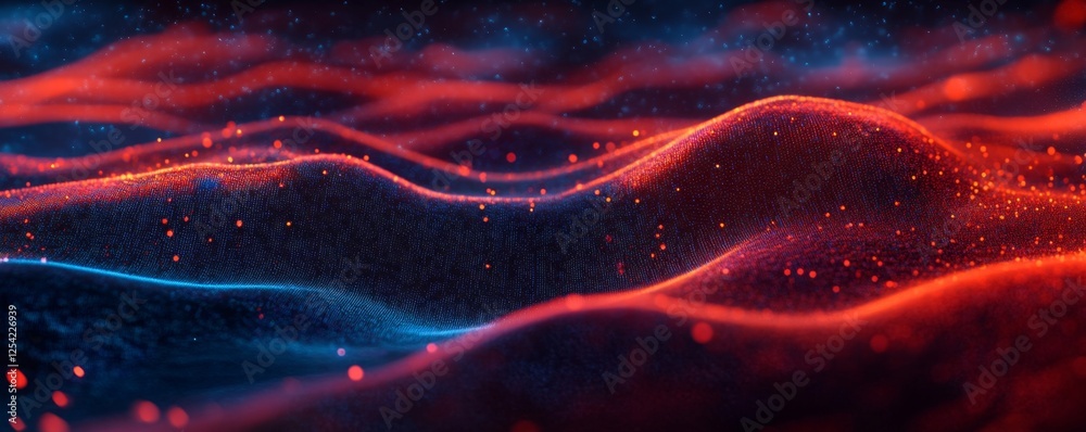 Poster red & blue digital wave landscape; glowing particles; abstract background; tech design