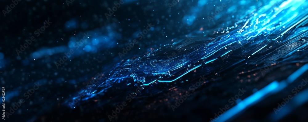 Poster abstract digital data stream, glowing blue, dark background, tech website