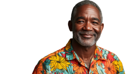 Smiling senior man wearing colorful shirt on transparent background