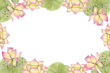 Lotus Flower Frame Horizontal Watercolor Illustration for Printing on Cards, Flyers, Leaflets, Posters, Fabric, Textiles and Social Media Post Design