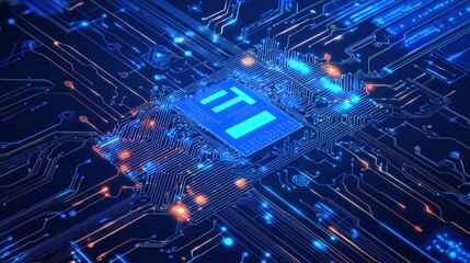 Fototapeta premium Glowing Blue Microchip on Electronic Circuit Board
