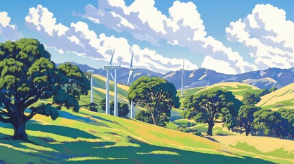 A vibrant landscape featuring rolling hills, wind turbines, and lush greenery under a bright sky.