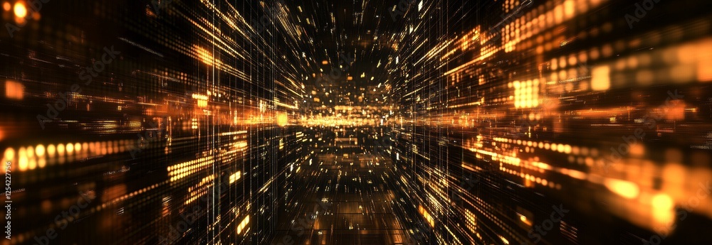 Poster Golden data stream flows through digital tunnel