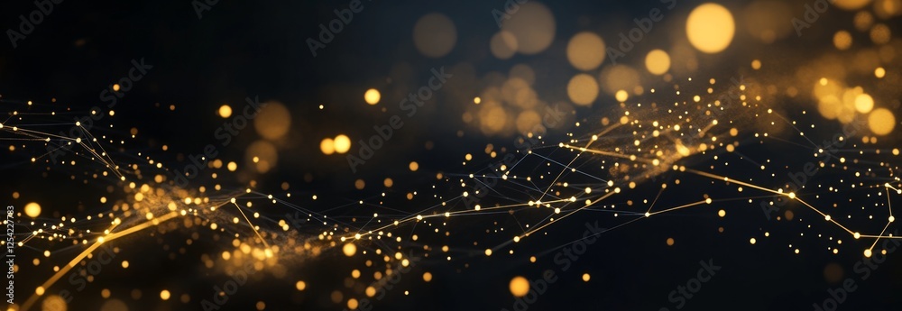 Poster Golden network flowing in dark space; bokeh background; website banner