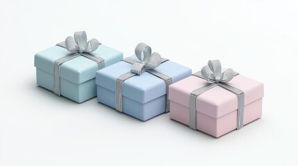 Three Pastel Gift Boxes with Ribbons on White Background