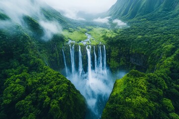 A breathtaking waterfall cascading down moss-covered cliffs. Generative AI