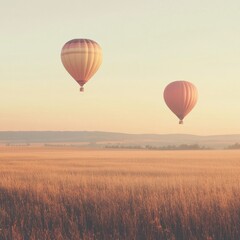 Fototapeta premium Colorful hot air balloons float gracefully over a golden field at sunrise in a tranquil landscape. Generative AI