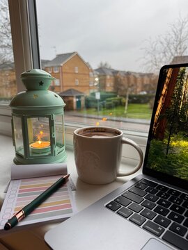 Candle, relax, cosy, coffee and notebook, MacBook 