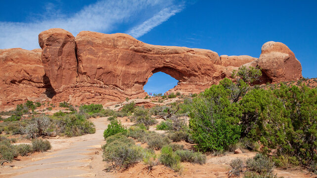 View looking up The Windows Trail at the North Window Arch in Arches National Park