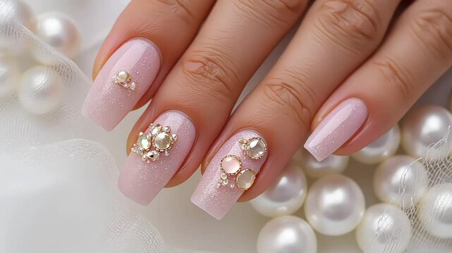 Elegant nail art design with pearls and glitter beauty studio