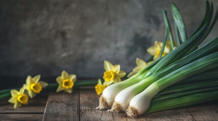 traditional Welsh leek on a rustic wooden table, surrounded by daffodils and other symbols of Wales