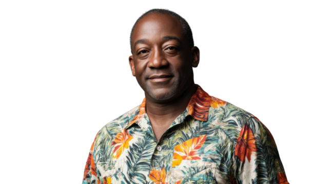 Confident senior man smiling and wearing hawaiian shirt on transparent background