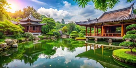 Naklejka premium Serene temple grounds with a tranquil pond and lush greenery, serenity, inner peace