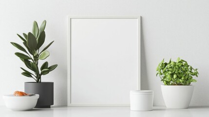 Fototapeta premium White Frame Mockup with Potted Plants on White Table