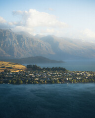 A view of Queenstown, New Zealand in the glowing evening light.