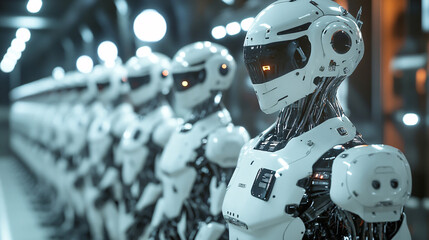 Fototapeta premium advanced android robots lined up in a high-tech facility showcasing modern robotics and cybernetic technology 