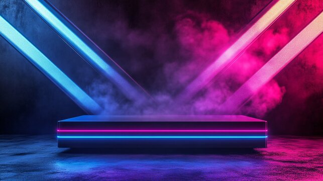 Neon Cyberpunk Stage with Floating Podium, Symmetrical Lights, and Vapor Smoke. Copy space. Generative AI - Powered by Adobe